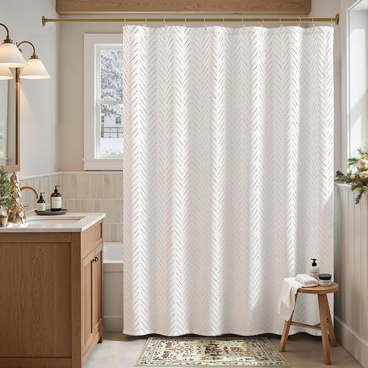 jinchan Extra Long Taupe and White Shower Curtain Inky Herringbone Chevron Zig Zag Waterproof Fabric Modern Farmhouse Shower Curtains for Bathroom with 12 Hooks 70x84 Inches