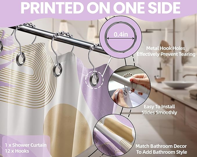 Purple Shower Curtain Lavender Light Purple and Gold Shower Curtains for Bathroom Decor MCM Bath Curtain Set, Waterproof Fabric with Hooks 70 x 84 Inch