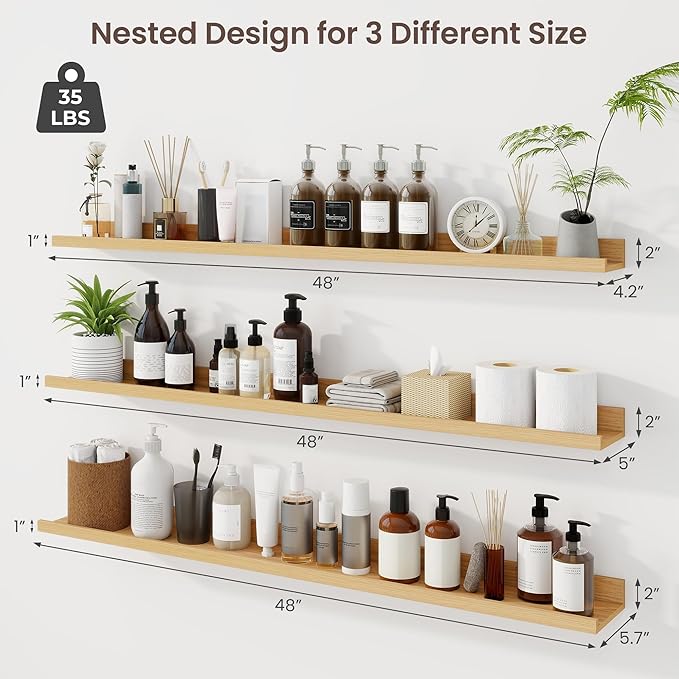 Axeman 48 Inch Floating Shelves with Lip, Set of 3 - Oak - Wall Mounted Shelves for Storage and Display - Engineered Wood - 22 lbs Weight Capacity