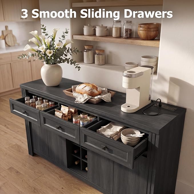 Buffet Sideboard with Power Outlet, 55" Wine Bar Cabinet with Wine Rack & Glass Holder, Farmhouse Wood Coffee Bar with Storage and Adjustable Shelves for Kitchen, Black