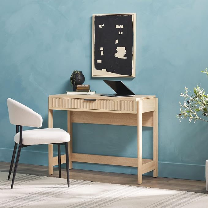 Walker Edison Transitional Style Furniture, Reeded Detail, Lift-Top Desk with Drawer and Storage Cubby, Sitting to Standing Desk, Soft Self-Close Desktop, 38 Inch, Coastal Oak