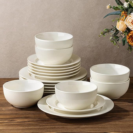 TheTerra Stoneware Dinnerware Sets for 6, 18 Pieces Ceramic Plates and Bowls Sets, Scratch Resistant Embossed Dish Set, Oven, Microwave & Dishwasher Safe, Reactive White