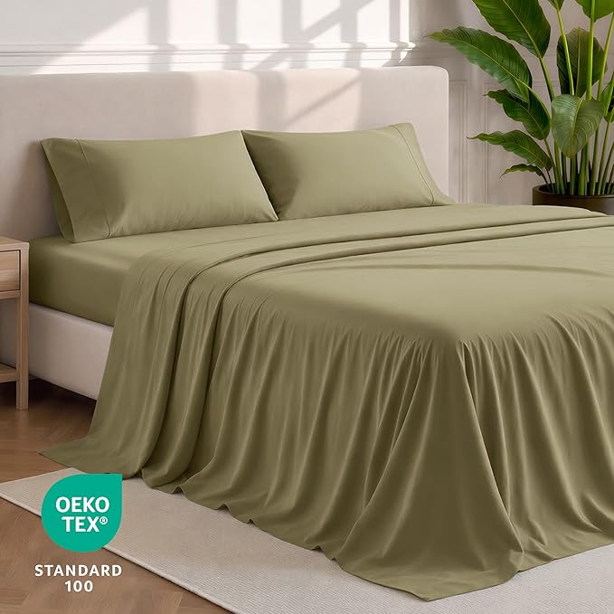 Bare Home California King Sheet Set - 1800 Ultra-Soft Microfiber Cal King Bed Sheets - Double Brushed - Deep Pockets - Easy Fit - 4 Piece Set - Bed Sheets (California King, Olive)