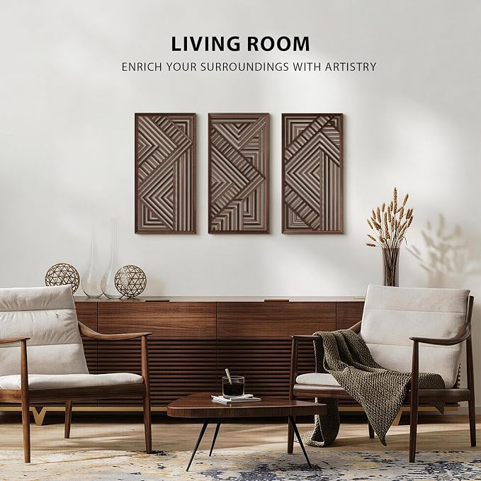 VIYYIEA Boho Solid Wood Carved Wall Art Set of 3, Geometric Minimalist Wooden Home Decor Panels, Handcrafted Solid Wood Wall Hanging for Living Room Bedroom Hallway, 16 x 8 Inch Each (Geometry II)