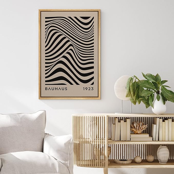 MUDECOR Framed Canvas Print Wall Art Mid-Century Bauhaus Black Stripe Illusion Shapes Abstract Illustrations Modern Art Minimal Multicolor Relax/Calm for Living Room, Bedroom, Office - 24"x36" NATURAL