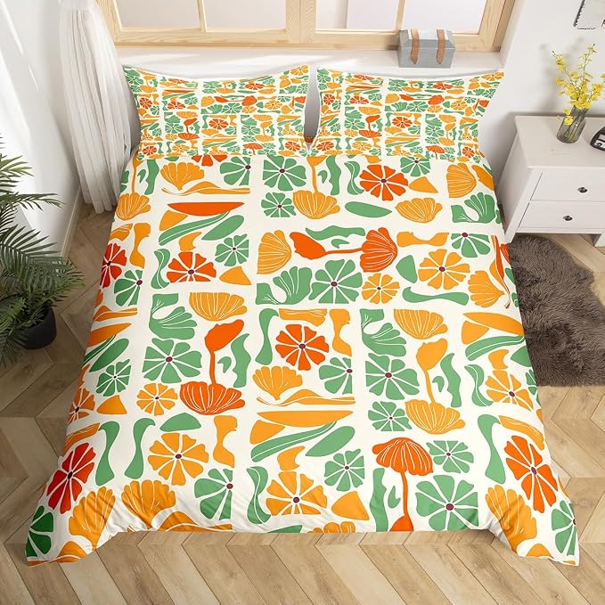 Erosebridal Mid Century Modern Comforter Cover Queen Abstract Geometric Boho Floral Bedding Set Cute Yellow and Green Plants Patchwork Duvet Cover for Kids Adults,Vintage Aesthetic Geometric Bed Set