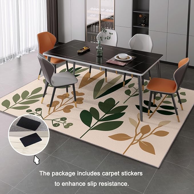 Area Rugs for Living Room, 2x3 Washable Rug Green Soft Low Pile Non-Slip Carpet Stain Resistant Carpets for Bedroom Dining Room Farmhouse Nursery, Retro Leaves Bohemian Plants