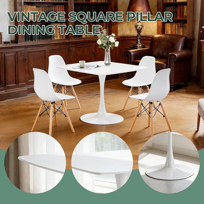 42 Inch White Square Dining Table, Mid Century Tulip Table for 4-6 People Modern Kitchen Dining Table with MDF Tabletop and Metal Pedestal Base