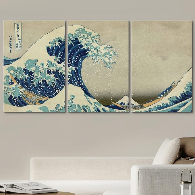 wall26 Canvas Print Wall Art Set The Great Wave Off Kanagawa by Hokusai Cultural Historic Oil Painting Fine Art Reproduction Scenic Colorful for Living Room, Bedroom, Office - 24"x36" x 3 Panels