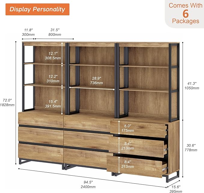 WAMPAT 3 PCS Modern 72" Tall Bookcase with 9 Drawers and Open Book Shelfs, Library Book Shelf with Storage Cabinet and Metal Base, Wood Freestanding Bookshelves for Home Office, Living Room, Oak