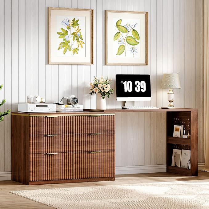 Ieejdn Computer Desk with 6 Drawers, 78" Modern Writing Desk with 0.98" Thickened Desktop & Storage Shelves, Adjustable direction & Extendable Executive Office Desk Study Table for Home Office, Walnut