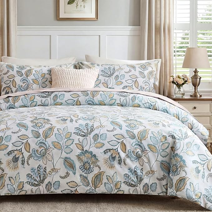 Blue Floral Duvet Cover Queen Size 100% Cotton Botanical Coquette Comforter Cover 3 Pieces Soft & Breathable French Style Duvet Cover with Zipper Closure