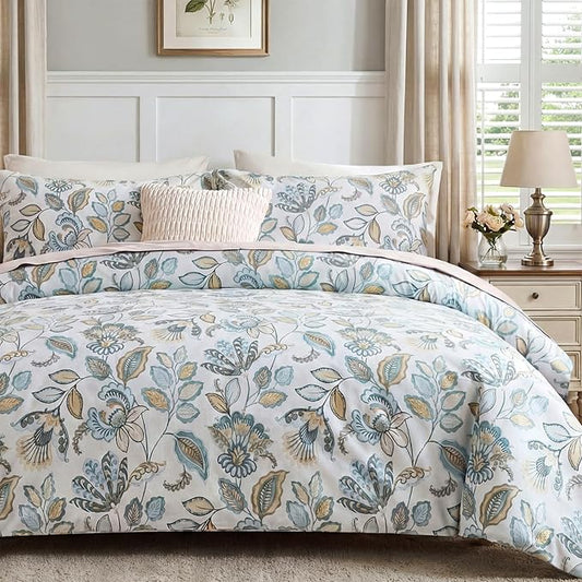 Blue Floral Duvet Cover Queen Size 100% Cotton Botanical Coquette Comforter Cover 3 Pieces Soft & Breathable French Style Duvet Cover with Zipper Closure