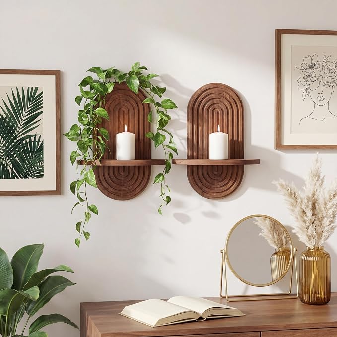 Heiple Set of 2 Boho Arched Floating Shelves 15.7”x 7.8”3D Wooden Hanging Shelf for Living Room Bedroom Nursery Mid Century Modern Wall Decor(Dark Brown, 11.7 * 15.7)