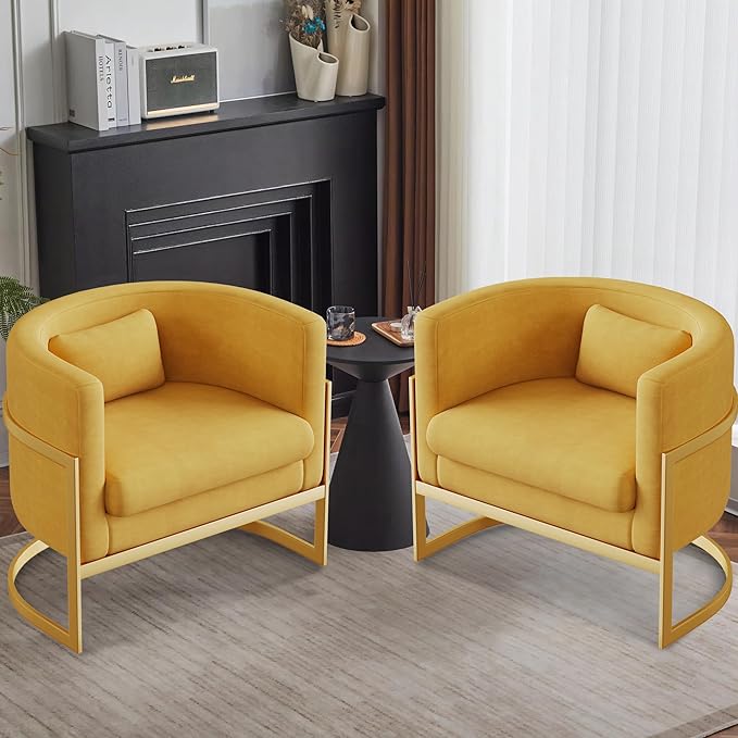 Velvet Accent Chair Modern Barrel Chair with Gold Legs Upholstered Armchair for Bedroom Living Room Sofa Chair Club Side Chairs Yellow
