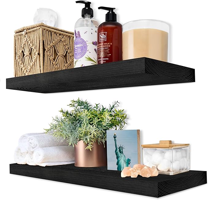Sorbus 16" Solid Wood Floating Shelves - Set of 2 Black Wall Mounted Kitchen Shelves - Durable Pine Wood