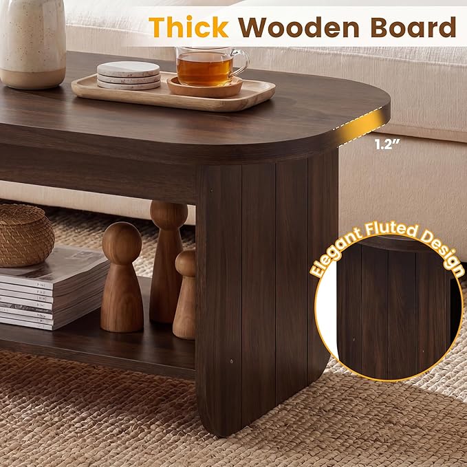 Giantex Oval Coffee Table, 47" Mid Century Modern Center Table with Storage Shelf & Round Corner, 2-Tier Accent Cocktail Tea Table, Wood Coffee Table for Living Room, Small Spaces (Espresso)