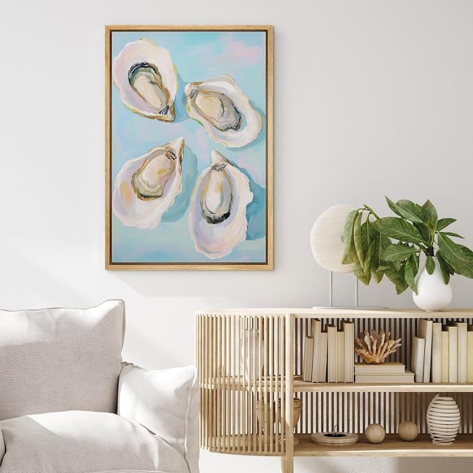 MUDECOR Framed Canvas Print Wall Art Colorful Oyster Shells Coastal Kitchen or Beach House Sea Illustrations Minimalism Decorative Bohemian Geometric Retro for Bedroom - 16"x24" Natural