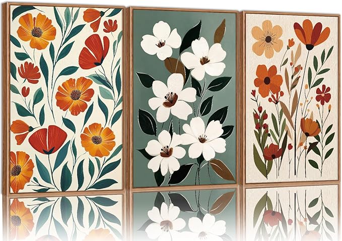 KaiWithYuan Vintage Floral Framed Canvas Wall Art, Boho Burnt Orange Flower Wall Decor, White Wild Flower Art Paintings, Retro Cozy Farmhouse Botanical Artwork for Bedroom Living Room Office 16"x24"x3