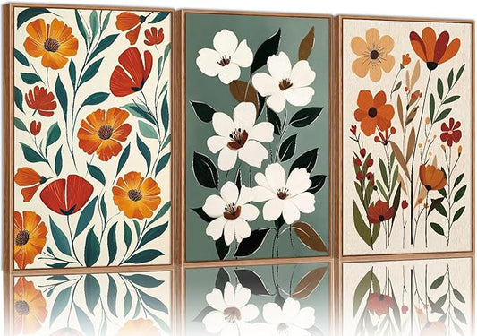 KaiWithYuan Vintage Floral Framed Canvas Wall Art, Boho Burnt Orange Flower Wall Decor, White Wild Flower Art Paintings, Retro Cozy Farmhouse Botanical Artwork for Bedroom Living Room Office 16"x24"x3
