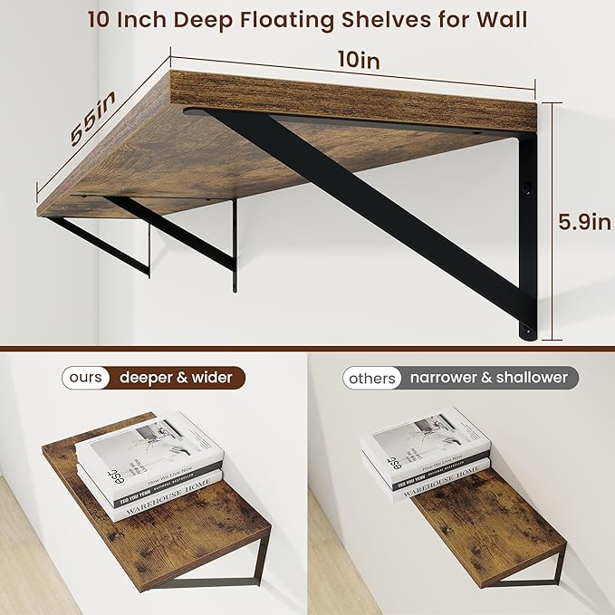 Axeman Deep Floating Shelves | 55 Inch Brown Wall Shelves Set of 2 | 10 Inch Deep Wood Floating Shelves for Wall | 55" W x 10" D Rustic Brown Shelves for Living Room Bathroom Kitchen