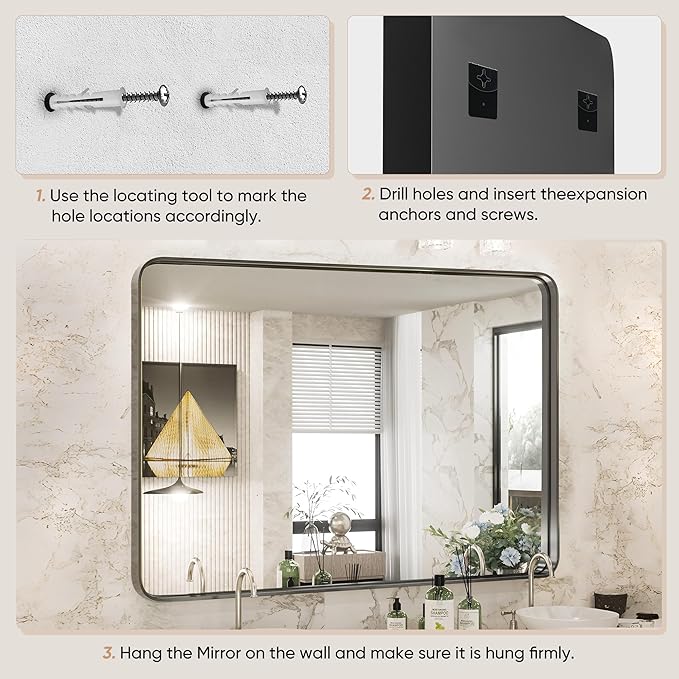 NEWBULIG 30X40 Inch Bathroom Wall Mirror, Vanity Bathroom Mirrors for Over Sink Tempered Glass, Anti-Rust Metal Framed Rounded Rectangle, Hangs Horizontally or Vertically, Farmhouse Home Decor, Black