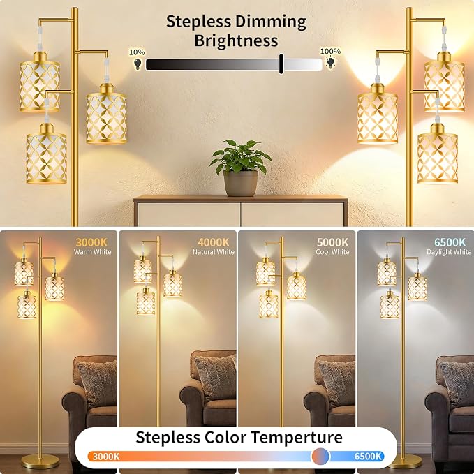 Dimmable Floor Lamp, Farmhouse Standing Lamp with Elegant Metal Cage, Industrial Tall Tree Floor Lamps for Living Room, Bedroom, Study Room, Office, 3 x 1100LM LED Bulbs Included, 72", Gold