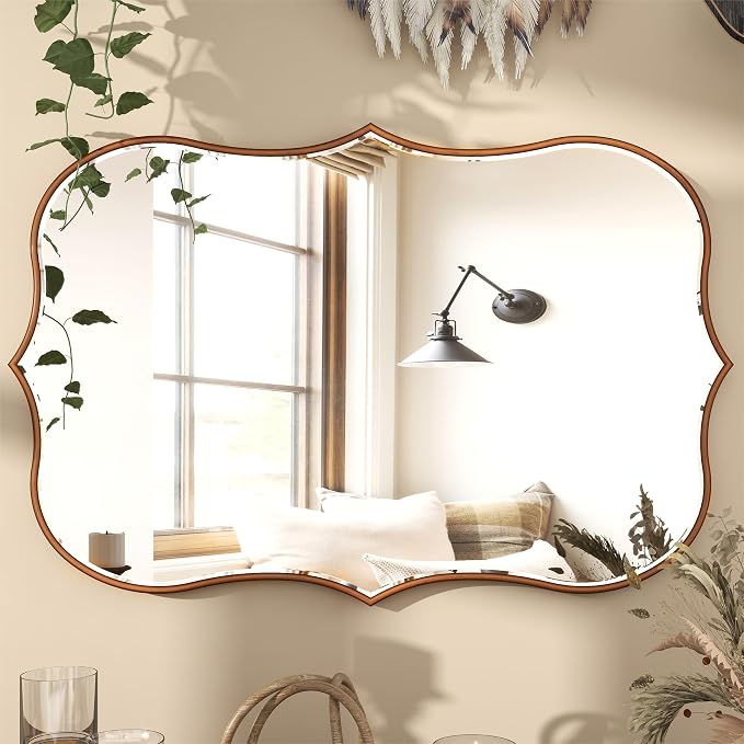 SHYFOY Antique Gold Mirrors for Wall Decor Decorative Wall Mirror Large 24" L x 36" W, Asymmetrical Wavy Accent Mirror with Scalloped Wood Frame, Bronze Farmhouse Traditional Mirror
