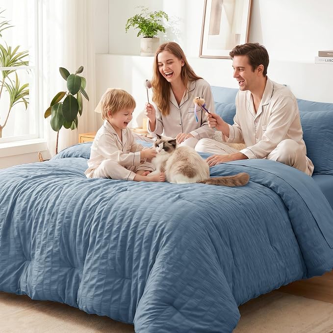 CozyLux Twin Comforter Set with Sheets 5 Pieces, Grayish Blue Seersucker Luxury Textured Bed in a Bag, Dusty Blue All Season Bedding Set Gift with Down Alternative Comforter, Sheets, Pillowcase & Sham