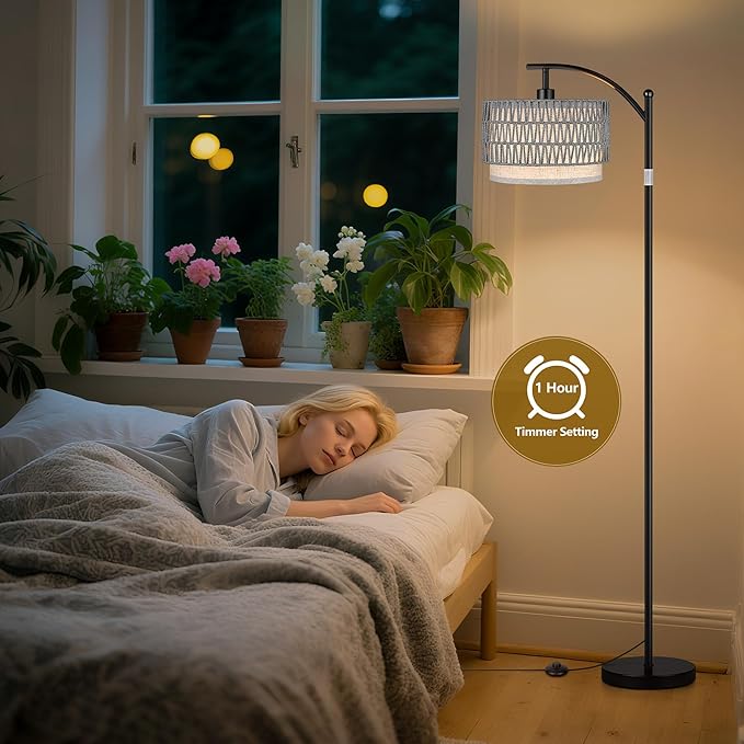 ROTTOGOON Arc Floor Lamps for Living Room, Boho Farmhouse Floor Lamp with Remote & Dimmable Bulb, Standing Lamp with Grey Rattan & Fabric Shades, Adjustable Tall Lamp for Bedroom Office-Black