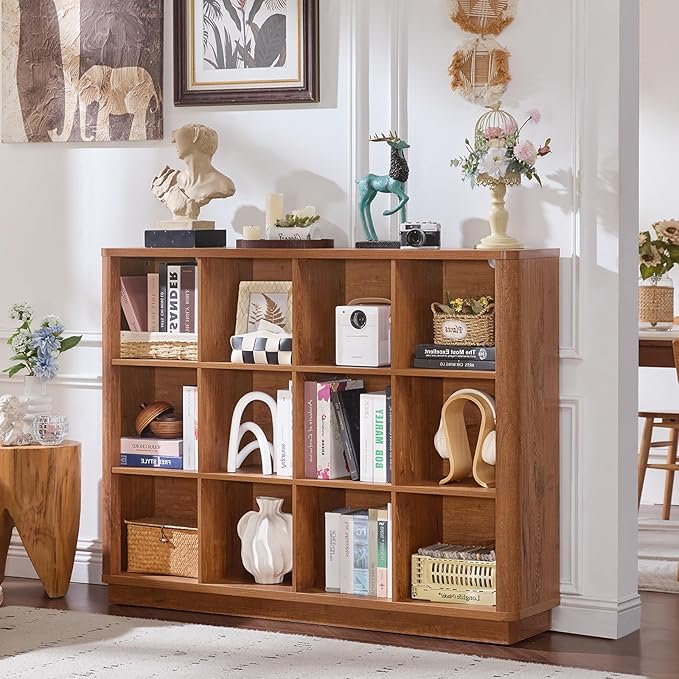 Joaxswe 12 Cube Storage Organizer, 41" Wide Large Bookshelf with Curved Edge, Wood Floor Standing 3-Tier Cubby Bookcase w/Base, Rustic Display Storage Cabinet, Book Case for Home Office, Brown