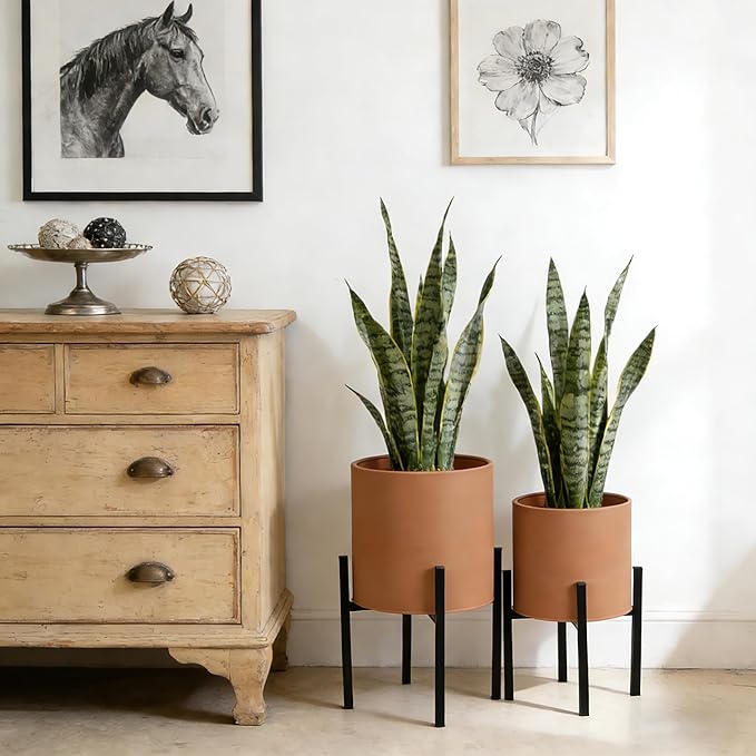 ARNIS Modern Plant Pots, Set of 2 Large Planters with Stand, Decorative Planters, Metal Pots with Drainage Holes for Living Room, Office, Garden or Balcony, 8.25 &10.5 Inch, Terracotta