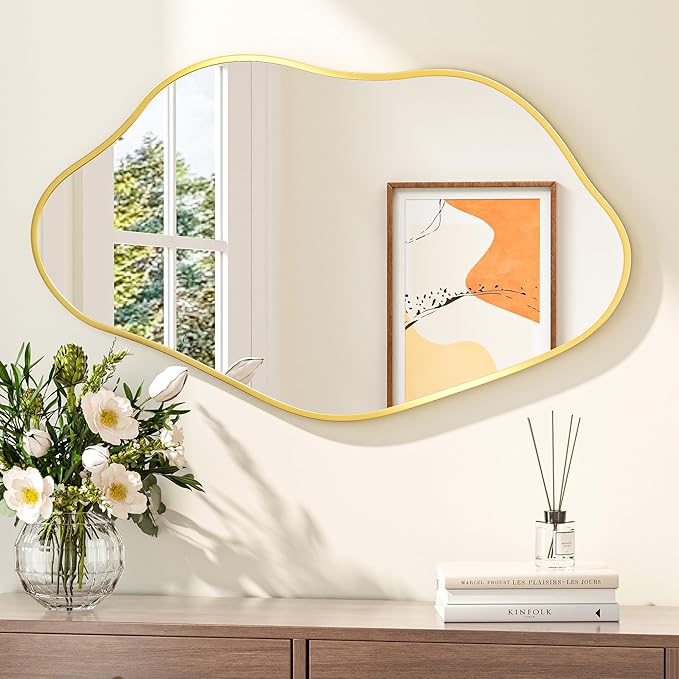 Keonjinn Gold 40" x 24" Inch Irregular Mirrors for Wall, Asymmetrical Wave Metal Frame, Tempered Glass, Decorative Mirror for Bathroom, Bedroom, Living Room, Entryway(Horizontal/Vertical)