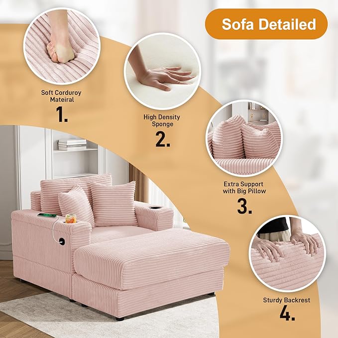 Oversized Chaise Lounge Chair Indoor with Adjustable Backrest, USB, Cup Holder & Ottoman, Firm Solid Wood Frame with Long Service Life Corduroy Oversized Lounge Reading Chair for Study Room - Pink