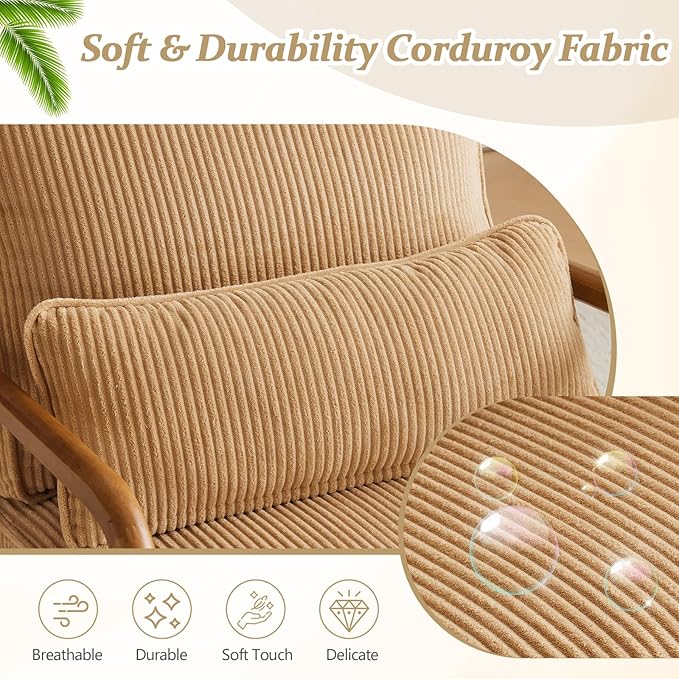 VINGLI Upgraded Premium Corduroy Accent Chairs Set of 2,Upholstered Arm Chair,Solid Wood Comfy Reading Chair with Lumbar Pillow, Mid Century Modern Chairs for Living Room,Bedroom,Khaki