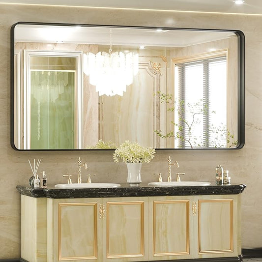 TETOTE 72 x 36 Inch Black Bathroom Mirror, Rectangle Matte Metal Frame Wall Mounted Mirror, Modern Farmhouse Round Corner Large Mirrors for Double Vanity (Horizontal/Vertical)