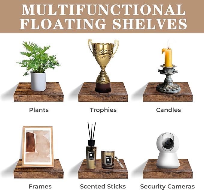 Sorbus 9X9 Inch Floating Shelves for Wall – Square Floating Shelf with Invisible Mounting Bracket for Kitchen, Bedroom, Living Room & Bathroom Decor – Rustic Showcase Wall Shelf (Walnut, 4 Pack)