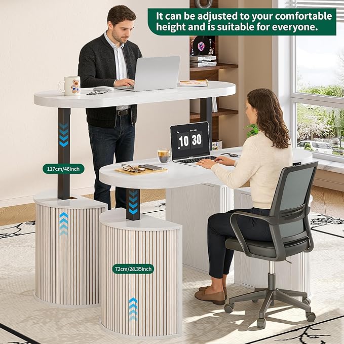 Mid Century Modern Electric Standing Desk with Storage, 55 x 22 Inch Small Sit Stand Up Desk, Wood Adjustable Height Computer Executive Desk for Home Office, Laptop, White