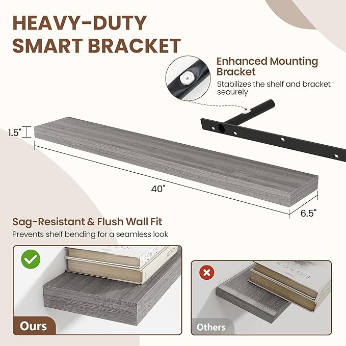 40 Inch Floating Shelves for Wall 2 Pack, 40" Wall Shelves for Books, Storage, Decor, Wall Mounted Floating Shelf with Invisible Brackets for Kitchen, Living Room, Gray