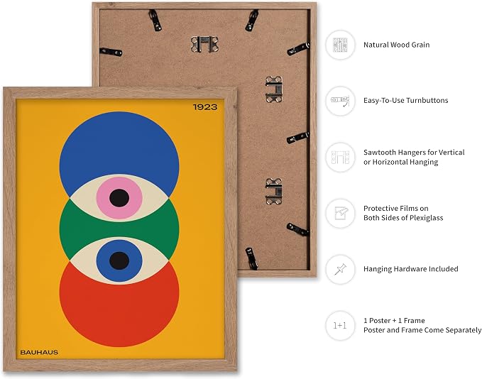 Poster Master Bauhaus Poster - Abstract Eyes Print - Graphic Design Art - Eye Art - Geometric Art - Chic Boho Art - Mid Century Modern Art - Living Room or Bedroom Wall Decor - 11x14 Beige Framed