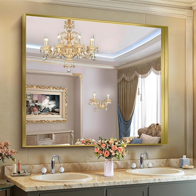 CIRCUMI Gold Bathroom Mirror, 40"x48" Rectangular Mirror with Deep Metal Frame, Brushed Finish, Tempered Glass, Large Mirror for Wall, Over 2 Sinks, Installed Vertically/Horizontally, Crystal-Clear
