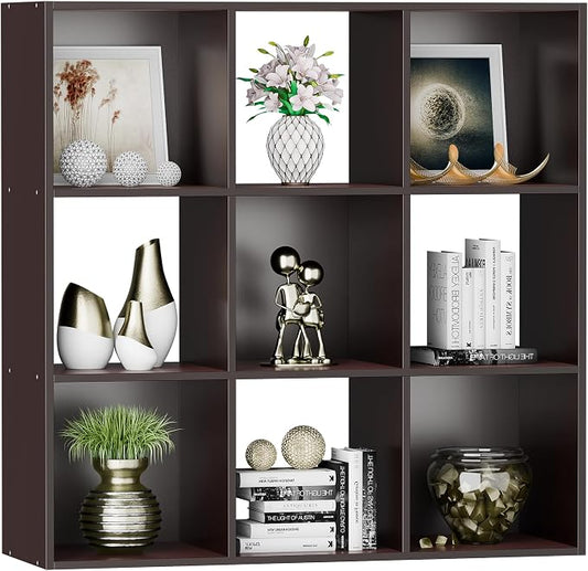 SUPER DEAL 9 Cube Storage Organizer, 3 Tier Bookshelf Open Shelf Display Rack with 5 Removable Back Panels Wood Bookshelf System for Home, Office, Bedroom, Living Room, Dark Brown