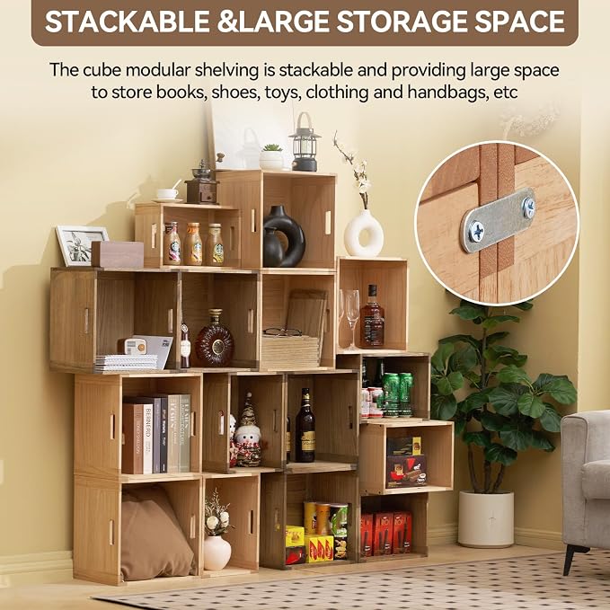 KIRIGEN Stackable Wood Storage Cube Organizer with Handle, Modular Open Cubby Bins for Books, Clothes, Toys, Shoes, Bookcase Shelf for Home Office Bedroom C15-NA