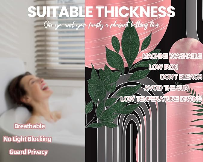 Black and Pink Shower Curtain Boho Mid Century Dark Pink and Grey and Green Shower Curtains for Bathroom Decor, Waterproof Cloth Fabric with Hooks, 70" W x 72" L