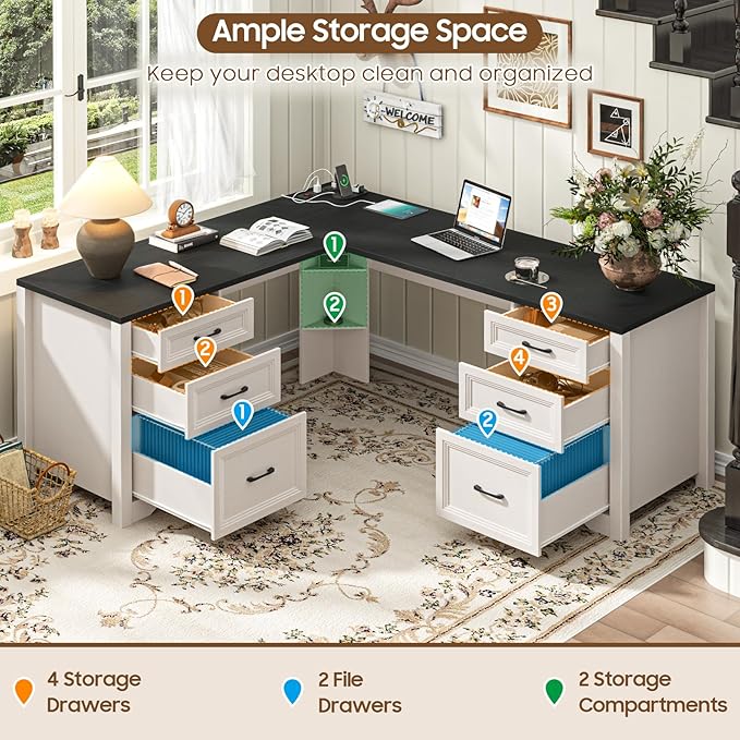 Vabches Wood L Shaped Executive Desk with 6 Drawers, Farmhouse Home Office Desk with Power Outlets and Triangle Under-Desk Storage Shelf & Drawer File Cabinet, Corner Computer Desk, Black