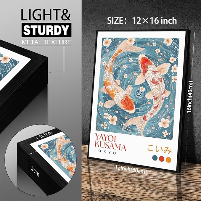 Light Blue Koi Fish Wall Art Japanese Yayoi Kusama Canvas Poster 12X16 inch Black Framed Modern Vintage Animal Aesthetic Paintings for Living Room Bedroom Dorm Wall Decor