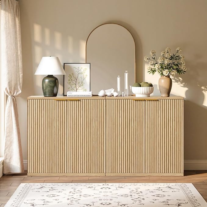 Evermagin 94.5" Oak Buffet Cabinet with Storage, Large Sideboard Cabinet, Boho Fluted Accent Credenza for Dining Room, Kitchen, and Living Room