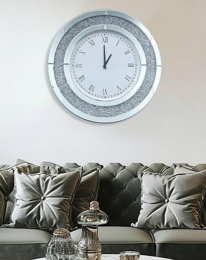 Crushed Diamond Wall Clock Round Decorative Mirrored Clock 32 inch Silver