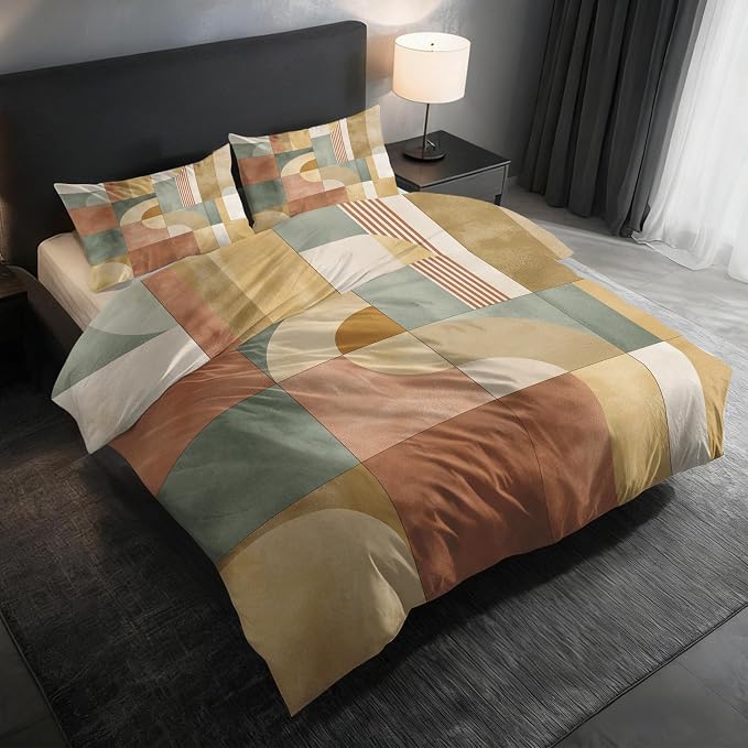 Mid Century Modern Duvet Cover Oversized King Size, Abstract Geometry Bedding Set 3 pcs with 2 Pillow Covers, Mid Century Bedroom Decor, Soft Microfiber Reversible, Zipper & Ties KJJT 81