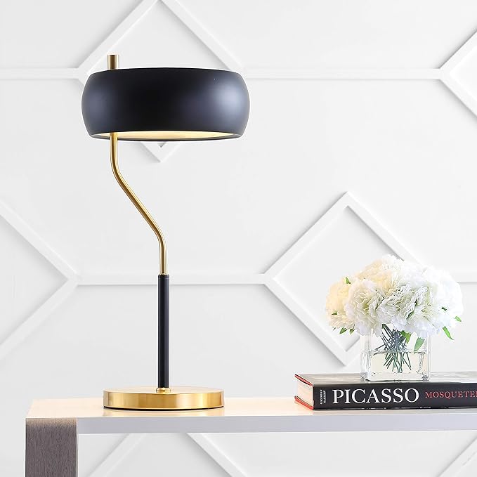 JONATHAN Y 22.5" Mid-Century Modern Desk Lamp, Black and Brass Gold Metal Bedside Lamp for Living Room, Bedroom Nightstand, Minimalist Office Task Lamp Black Metal Shade, LED Bulb Included JYL6008A